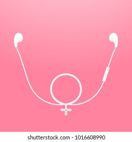 Earphones wireless and remote, earbud type white color and Female gender symbol made from cable isolated on pink gradient background, with copy space