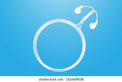 Earphones wireless and remote, earbud type white color and Male gender symbol made from cable isolated on blue gradient background, with copy space