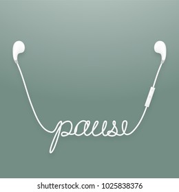 Earphones wireless and remote, earbud type white color and pause text made from cable isolated on dark green gradient background, with copy space