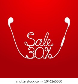 Earphones wireless and remote, earbud type white color and Sale 30 percent text made from cable isolated on red gradient background, with copy space