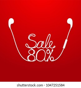 Earphones wireless and remote, earbud type white color and Sale 80 percent text made from cable isolated on red gradient background, with copy space