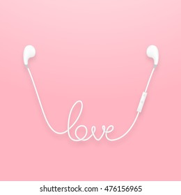 Earphones wireless and remote, earbud type white color and love text made from cable isolated on pink gradient background, with copy space