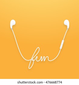 Earphones wireless and remote, earbud type white color and fun text made from cable isolated on orange yellow gradient background, with copy space