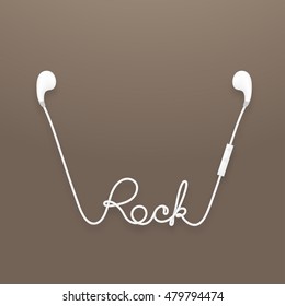 Earphones wireless and remote, earbud type white color and rock text made from cable isolated on brown gradient background, with copy space