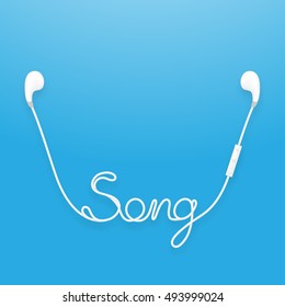 Earphones wireless and remote, earbud type white color and song text made from cable isolated on blue gradient background, with copy space