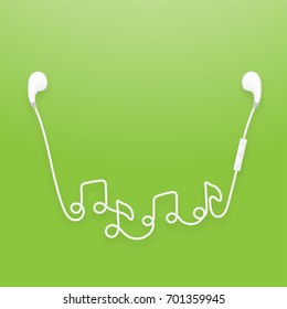 Earphones wireless and remote, earbud type white color and music note symbol made from cable isolated on green gradient background, with copy space