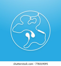 Earphones wireless and remote, earbud type white color and World globe symbol made from cable isolated on blue gradient background, with copy space
