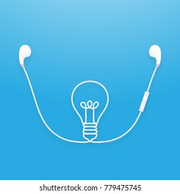 Earphones wireless and remote, earbud type white color and Light Bulb symbol made from cable isolated on blue gradient background, with copy space