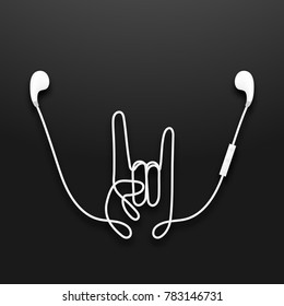 drahtlose und ferngesteuerte Earphones, mit weißer Farbe und handgeschriebener Rock-Sprache, die aus Kabel einzeln auf schwarzem Farbverlauf-Hintergrund und Kopienraum besteht