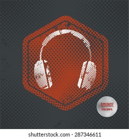 Earphone,stamp design on old dark background,grunge concept,vector