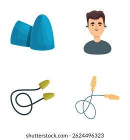 Conjunto de iconos de accesorios de tapón de oído Vector de dibujos animados. Hombre con orejeras protectoras. Equipo de Profesional