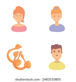 Earplug device icons set cartoon vector. People with protective ear muffs. Professional equipment
