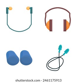 Conjunto de iconos de auriculares Vector de dibujos animados. Varias orejeras protectoras. equipo de Profesional