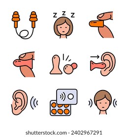 Conecta iconos de color de Earplugs. Equipo de cuidado. Protección del oído. Señales vectoriales aisladas en fondo blanco. Colección de símbolos Earplug. Símbolo de ruido. Ilustración vectorial.