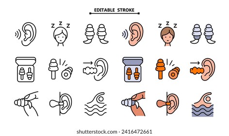 Earplugs color icons set. Editable stroke. Care device. Ear protection. Vector signs isolated on white. Earplug symbols collection. Noise symbol. Vector illustration.