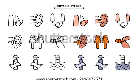 Earplugs icons set color vector. Editable stroke. Anti-noise device. Earplugs protection. Vector Simple Illustration.