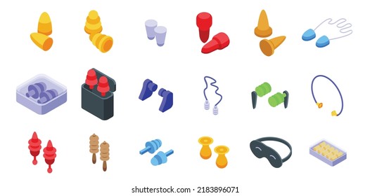 Los iconos de Earplugs establecen un vector isométrico. Dispositivo de oído. Accesorio de enchufe