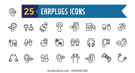 Earplugs icons set outline vector. Anti care device. Ear plug protection. Outline icon collection. Editable stroke.