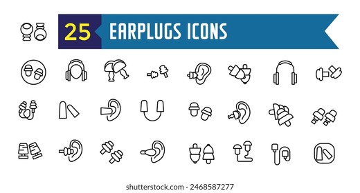 Los íconos de tapones auriculares establecen el Vector de contorno. Dispositivo anticuidados. Protección del tapón auditivo. Colección de iconos de esquema. Trazo editable.