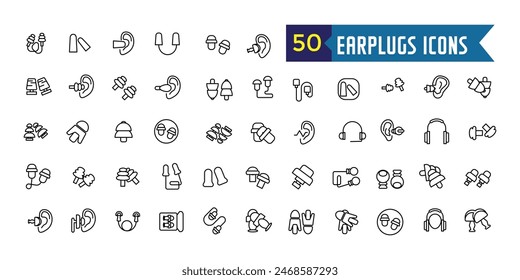 Earplugs icons set outline vector. Anti care device. Ear plug protection. Outline icon collection. Editable stroke.