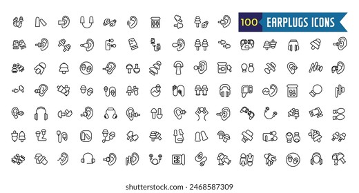 Earplugs icons set outline vector. Anti care device. Ear plug protection. Outline icon collection. Editable stroke.