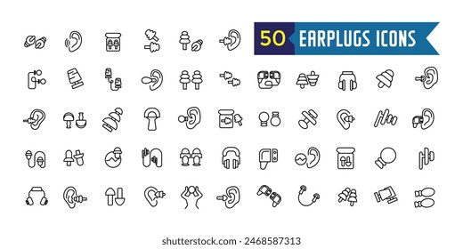 Los íconos de tapones auriculares establecen el Vector de contorno. Dispositivo anticuidados. Protección del tapón auditivo. Colección de iconos de esquema. Trazo editable.