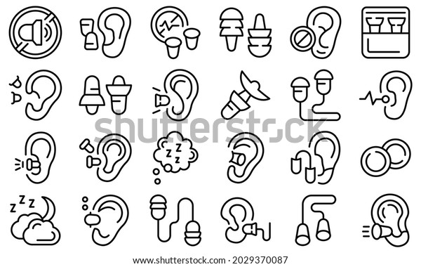 Earplugs icons set outline vector. Anti care\
device. Ear plug\
protection
