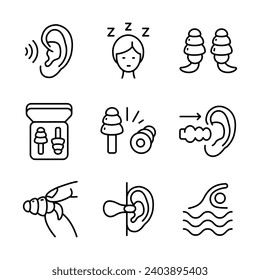 Juego de iconos de contorno de Earplugs. Equipo de cuidado. Protección del oído. Señales vectoriales aisladas en blanco. Colección de símbolos Earplug. Símbolo de ruido. Ilustración vectorial.