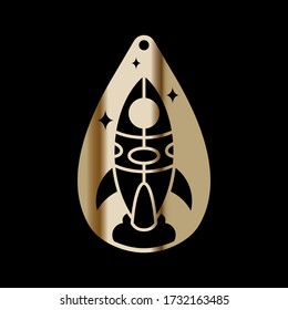 Earring Design. Cutout jewellery with space rocket. Template is suitable for creating dainty & fashion women jewellery: earrings, necklace, keychain.