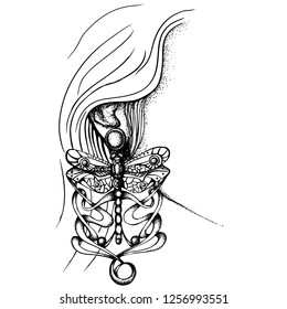 Earring in the ear with a dragonfly in art deco style. Vector hand drawn illustration. Monochrome drawing isolated on white background