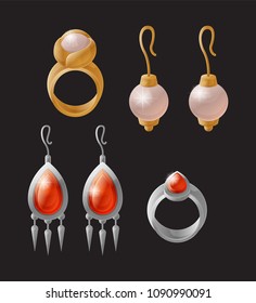 Earring and ring, elegant and wealthy collection designed for rich women, accessories on special occasions, set vector illustration isolated on black