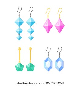 Earrings collection. Gold or silver accessories with gemstones, diamonds, precious stone. Jewellery set. Flat vector illustration.