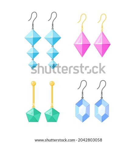 Earrings collection. Gold or silver accessories with gemstones, diamonds, precious stone. Jewellery set. Flat vector illustration. Foto stock © 