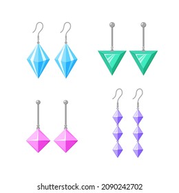 Earrings collection. Shining accessories with gemstones, diamonds, precious stone. Jewellery set. Flat vector