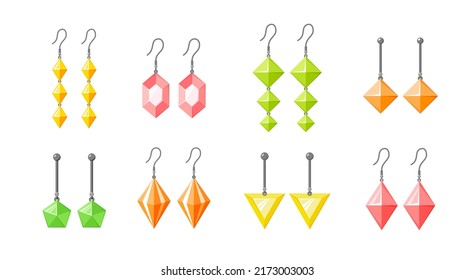 Earrings collection. Shining accessories with gemstones, diamonds, precious stone. Jewellery set. Flat vector