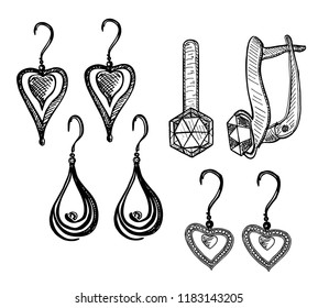 Earrings collection, vector hand drawn doodle illustration, isolated on white background. Earrings jewelry accessories set.  Sketch.