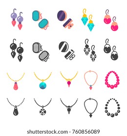 Earrings, eardrops and necklace icons isolated on white. Vector illustration