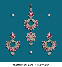 Earrings and forehead decoration, vector set of ethnic Indian jewelry with ruby and emerald gemstones, vintage jewellery collection