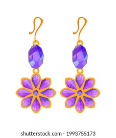 Earrings with gemstone in shape of flower isolated on white