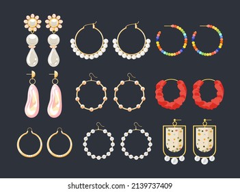 Earrings jewelry accessories vector set. Gold and diamond pearl gemstones pendant illustration. Stud hoop drop dangle earrings designs. Flat style