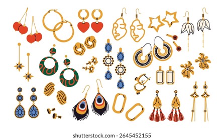 Earrings jewelry. Decorative accessories with diamonds, pearls, gems, golden items, precious products, studs, pendants, expensive gemstones and bijouterie tidy vector cartoon isolated set