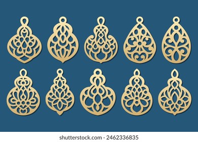 Earrings laser cut set, jewelry pendants with rich cutout pattern, vector.