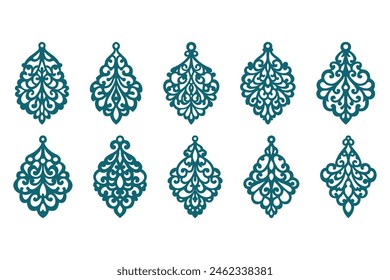 Earrings laser cut set templates isolated, jewelry pendants with rich cutout pattern.