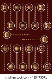 Earrings made of different metals, with a chain and various monograms, on a red background.