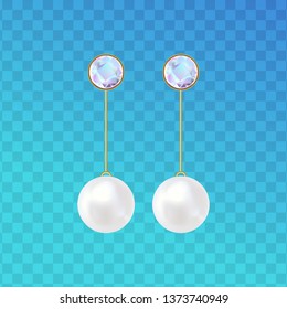 Earrings mockup with pearl beads and diamond isolated on transparent background. Realistic elegant golden accessory. Finest quality. Vector design element.