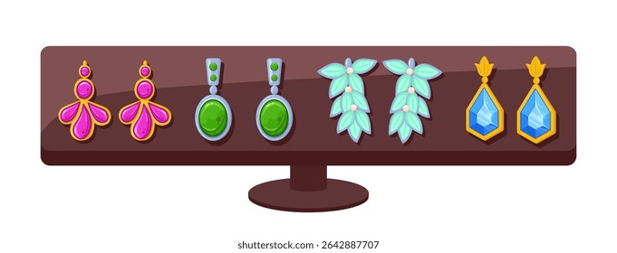 Brincos em estante de joias. Pedras preciosas e brincos de contas, ilustração de vetor plana de joias glamourosas. Cartoon joias no fundo branco