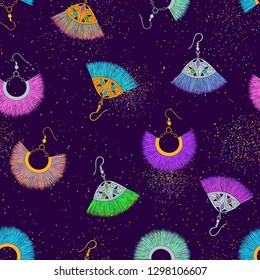 Earrings pattern. Tassel trendy jewelry. Jewels. Accessories. Fashion trend. Doodle earrings background. Vector sketch. Precious. Woman. Beauty. Boho style.