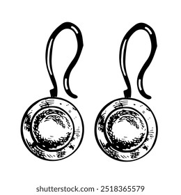 Earrings with a precious stone. A black and white vector graphic illustration made by hand. Jewelry. Isolate on a white background. Design element of a flyer, banner, poster.