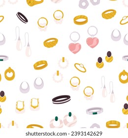 Earrings and rings seamless pattern. Jewelry store background, gemstones and pearls. Gold jewelries fabric print, vector decorative background