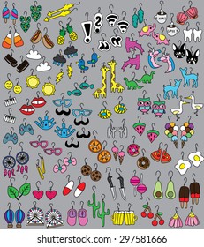 Earrings set, fashionable colorful trendy hand drawn jewelry, animals food drinks amusement. Doodling and cartooning. Isolated on grey background.